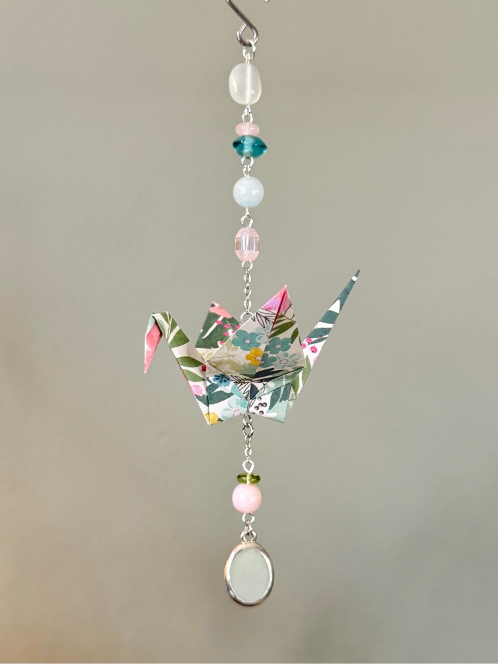 Origami Ornament #2451 - Medium Crane with Repurposed Jewelry